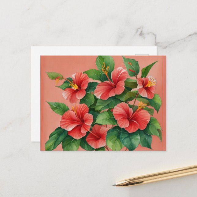 Watercolor Tropical Hawaii Red Hibiscus Postcard (Front/Back In Situ)