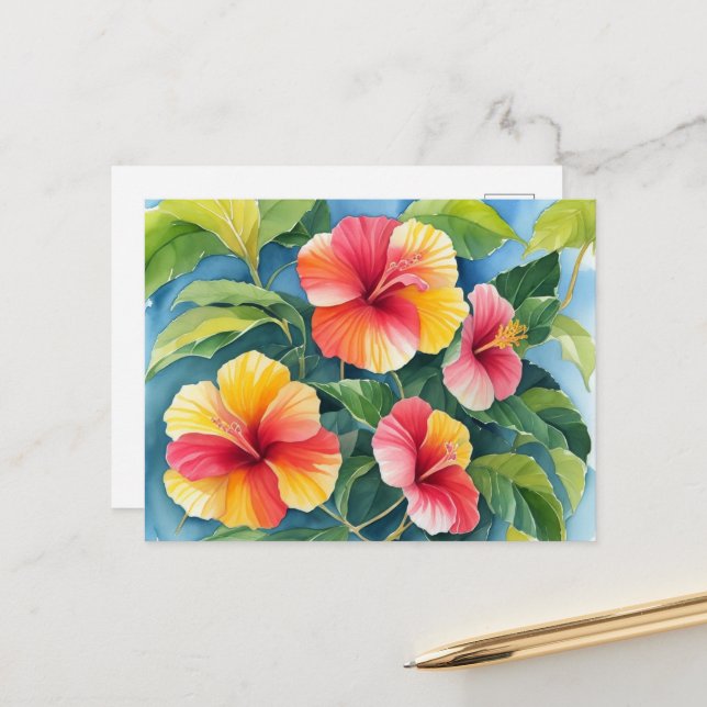 Watercolor Tropical Hawaii Red Yellow Hibiscus Postcard (Front/Back In Situ)