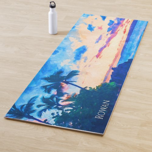 Watercolor Tropical Hawaiian Beach  Yoga Mat