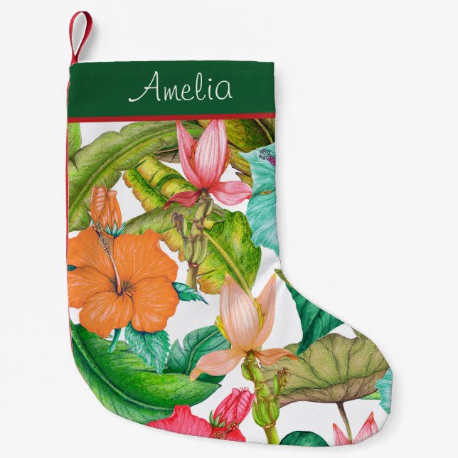 Watercolor Tropical Hawaiian Hibiscus Floral Small Christmas Stocking (Front)