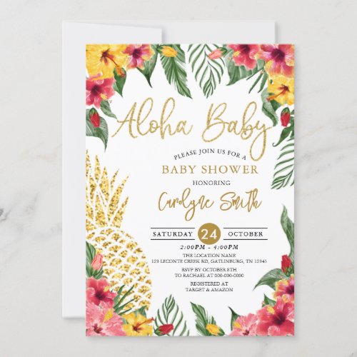 Watercolor Tropical Hawaiian Pineapple Baby Shower Invitation