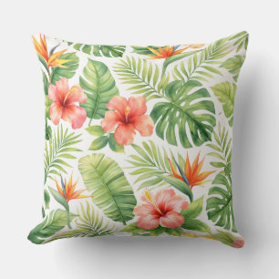 Watercolor Tropical Hibiscus and Bird of Paradise Throw Pillow