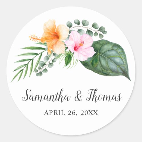 Watercolor Tropical Hibiscus and Foliage Classic Round Sticker