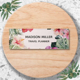 Watercolor Tropical Hibiscus Floral Botanical Name Tag