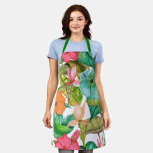 Watercolor Tropical Hibiscus Floral Pattern Apron