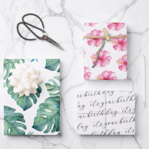 Watercolor Tropical Hibiscus & Palm Leaf Wrapping Paper Sheets