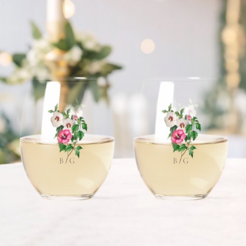 Watercolor Tropical Hibiscus Summer Wedding Favor Stemless Wine Glass