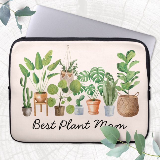 Watercolor Tropical Houseplant Mom Quote Laptop Sleeve (Close up)