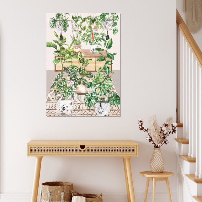 Watercolor Tropical Houseplants Canvas Print (In situ boho interior)