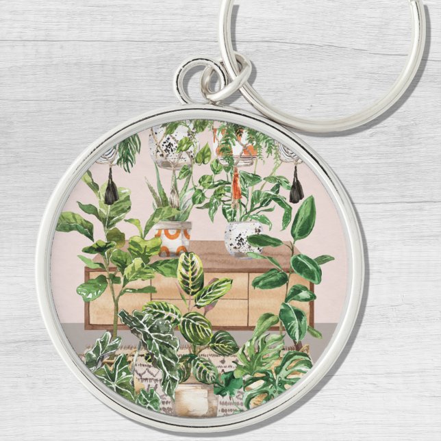 Watercolor Tropical Houseplants Keychain (Close up)