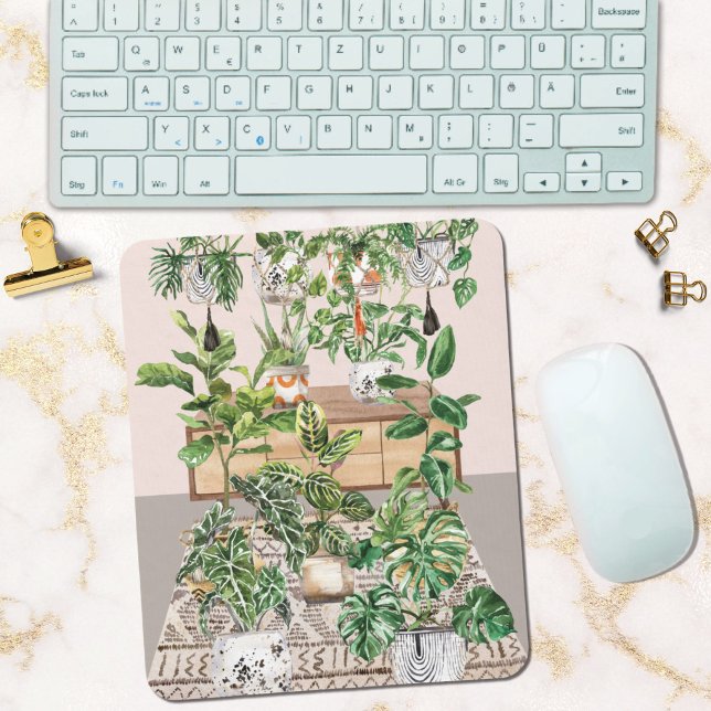 Watercolor Tropical Houseplants Mouse Pad (In situ)