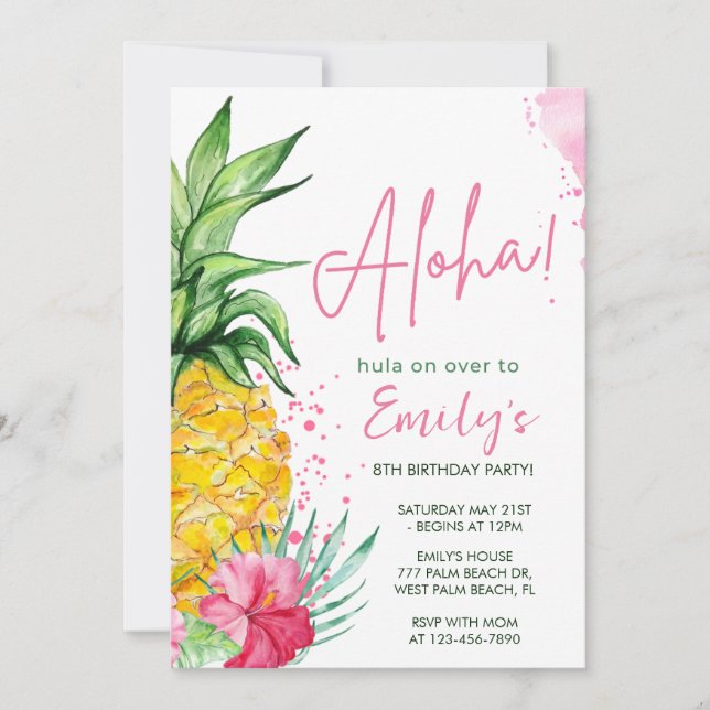 Watercolor Tropical Hula Birthday Invitation (Front)