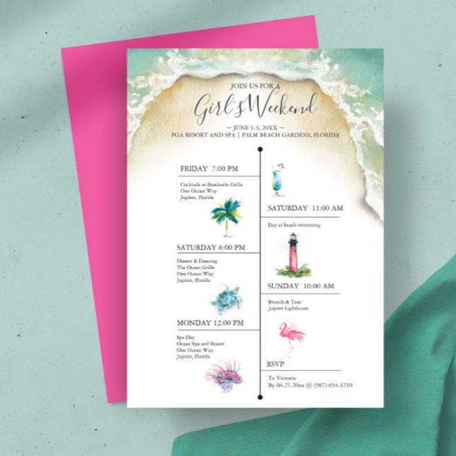Watercolor Tropical Invitation Template (Girl's weekend timeline invitation illustrated watercolor art Victoria Grigaliunas Do Tell A Belle)