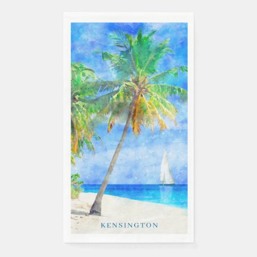 Watercolor Tropical Island Beach Palm Tree Paper Guest Towels