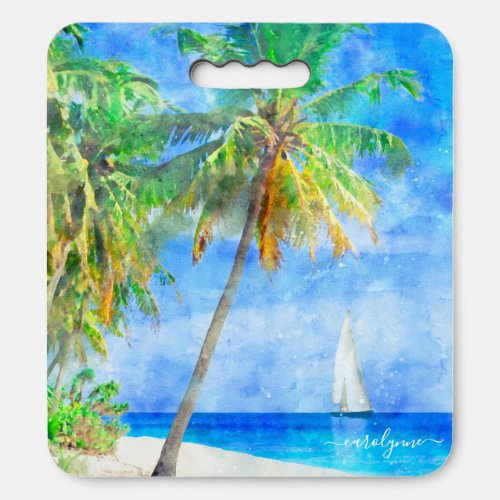 Watercolor Tropical Island Beach Palm Tree Seat Cushion