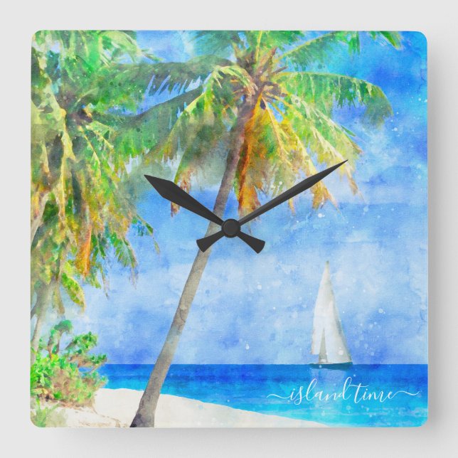 Watercolor Tropical Island Beach Palm Tree Square Wall Clock (Front)