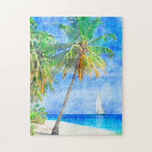 Watercolor Tropical Island Beach with Palm Tree Jigsaw Puzzle