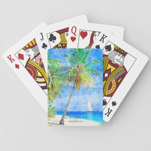 Watercolor Tropical Island Beach with Palm Tree Poker Cards