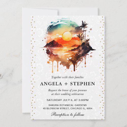 Watercolor Tropical Island Sunset Wedding Invitation