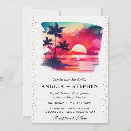 Watercolor Tropical Island Sunset Wedding Invitation