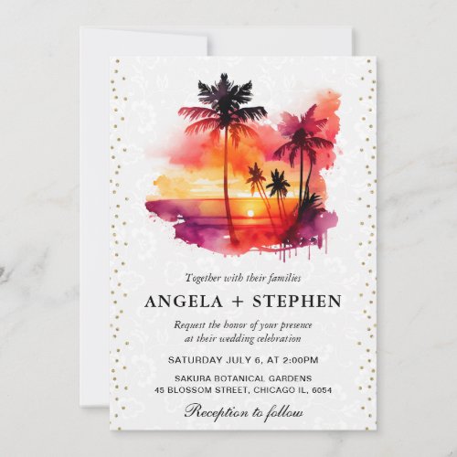 Watercolor Tropical Island Sunset Wedding Invitation