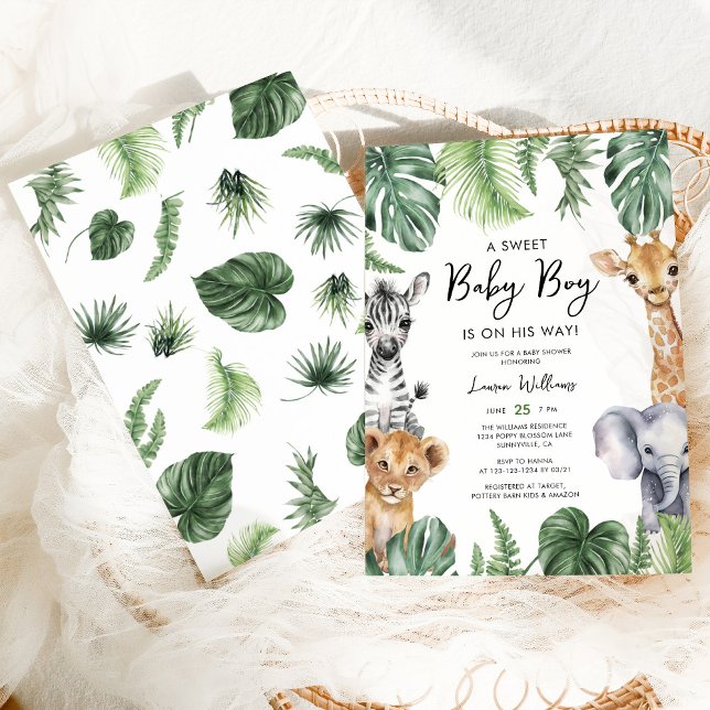 Watercolor Tropical Jungle Safari Boy Baby Shower Invitation (Creator Uploaded)