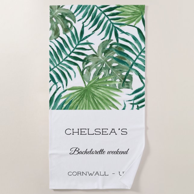 Watercolor Tropical Leaf Bachelorette Beach Towel (Front)