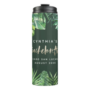 Watercolor tropical leaf + gold bachelorette party thermal tumbler