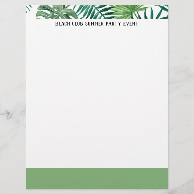 Watercolor Tropical Leaf Green & White  Letterhead (Front)