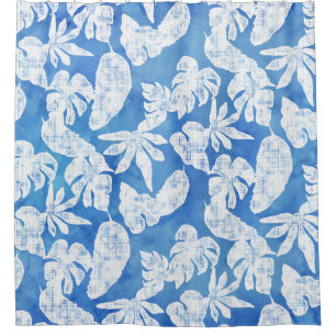 Watercolor Tropical Leaf Leaves Modern Blue White Shower Curtain