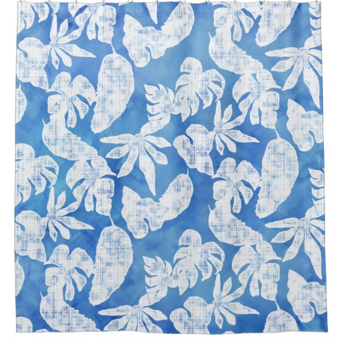 Watercolor Tropical Leaf Leaves Modern Blue White Shower Curtain