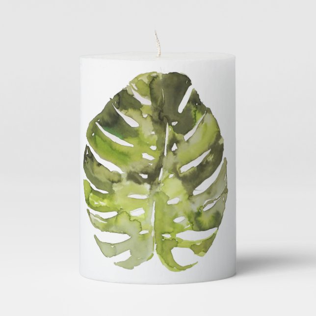 Watercolor Tropical Leaf Painting Pillar Candle (Front)