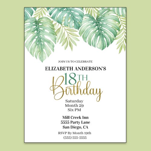 Watercolor Tropical Leaves 18th Birthday Invitation