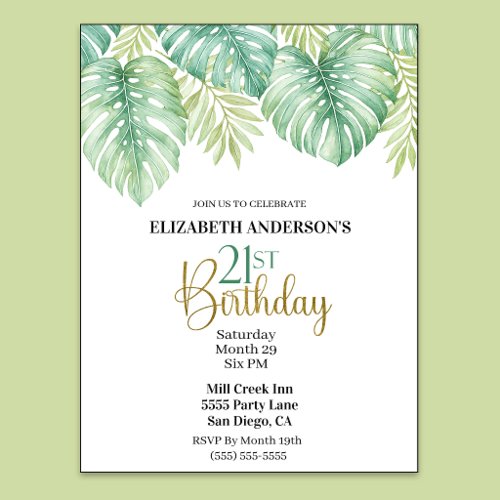 Watercolor Tropical Leaves 21st Birthday Invitation