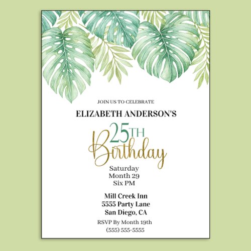 Watercolor Tropical Leaves 25th Birthday Invitation