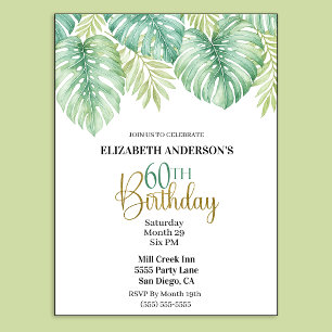 Watercolor Tropical Leaves 60th Birthday Invitation