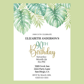 Watercolor Tropical Leaves 90th Birthday Invitation