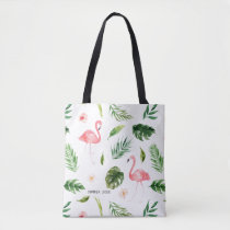 Watercolor Tropical Leaves and Flamingo Tote Bag