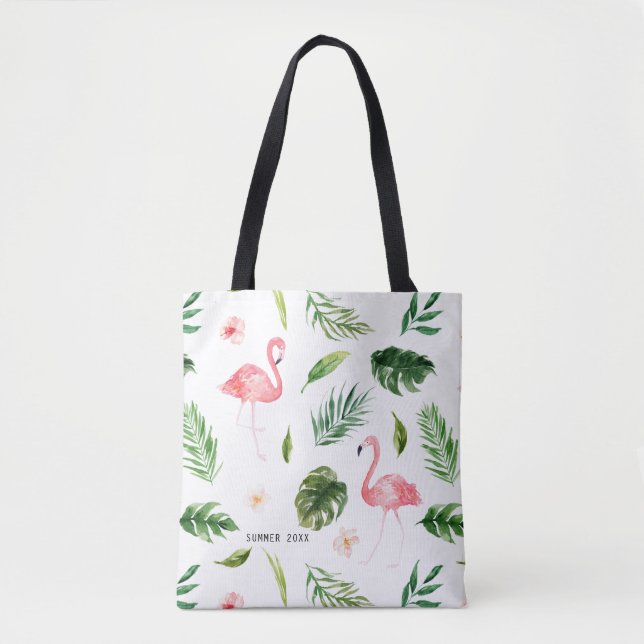 Watercolor Tropical Leaves and Flamingo Tote Bag (Front)