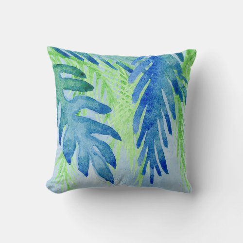 Watercolor Tropical Leaves Beach Ocean Blue Green Throw Pillow