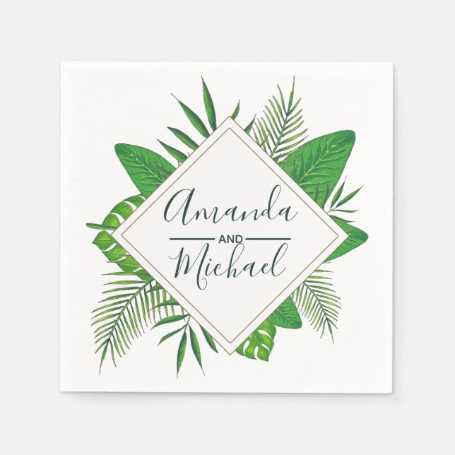 Watercolor Tropical Leaves Beach Wedding Napkins (Front)