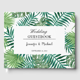 Watercolor tropical leaves bride and groom wedding guest book