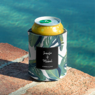 Watercolor tropical leaves bride & groom Wedding Can Cooler