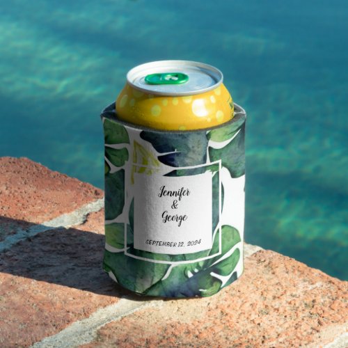 Watercolor tropical leaves bride groom Wedding Can Cooler