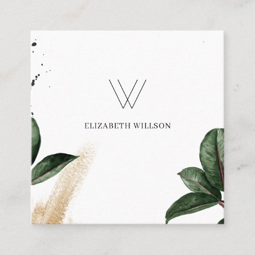 Watercolor Tropical Leaves Brush Stroke Monogram Square Business Card