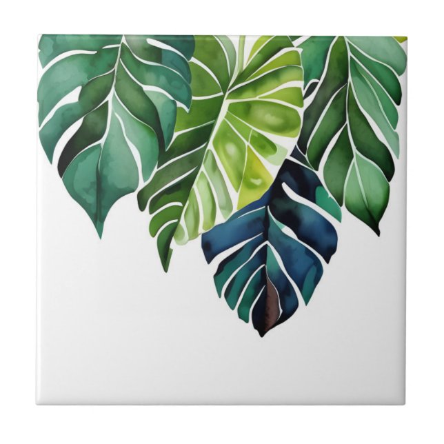 Watercolor Tropical Leaves Ceramic Tile (Front)