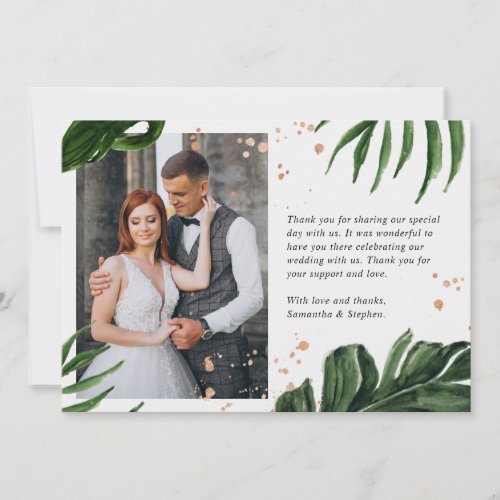 Watercolor Tropical Leaves  Copper Wedding Photo Thank You Card