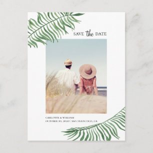 Watercolor tropical leaves. Exotic Save the Date Postcard