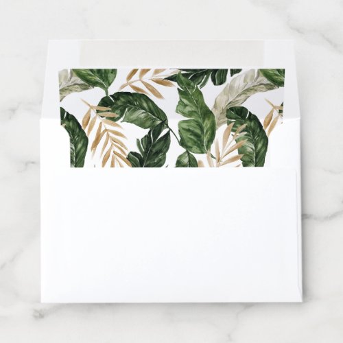 Watercolor Tropical Leaves Faux Gold Foil Pattern Envelope Liner