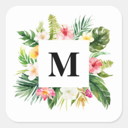 Watercolor Tropical Leaves &amp; Floral Frame Monogram Square Sticker
